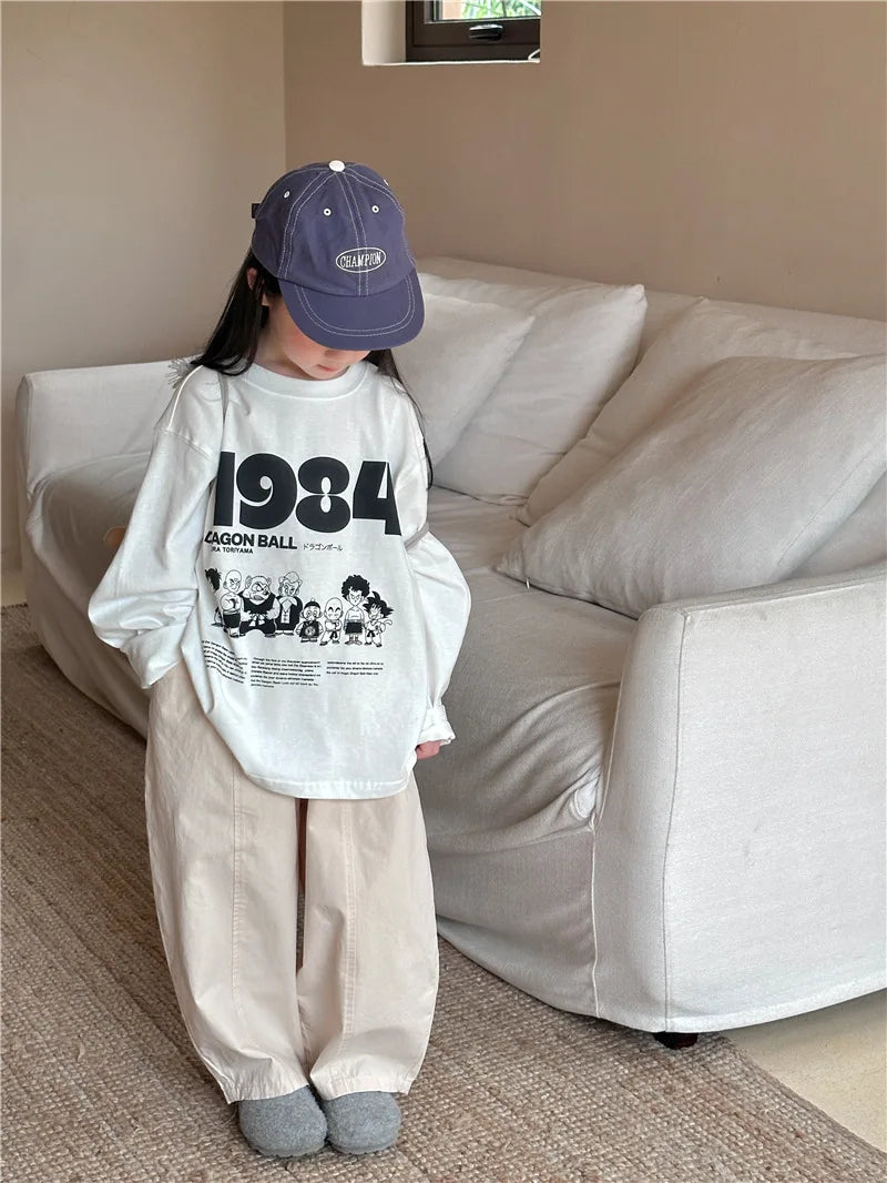 Kids Cartoon Letters Cotton T-Shirt – Long Sleeve O-Neck Top