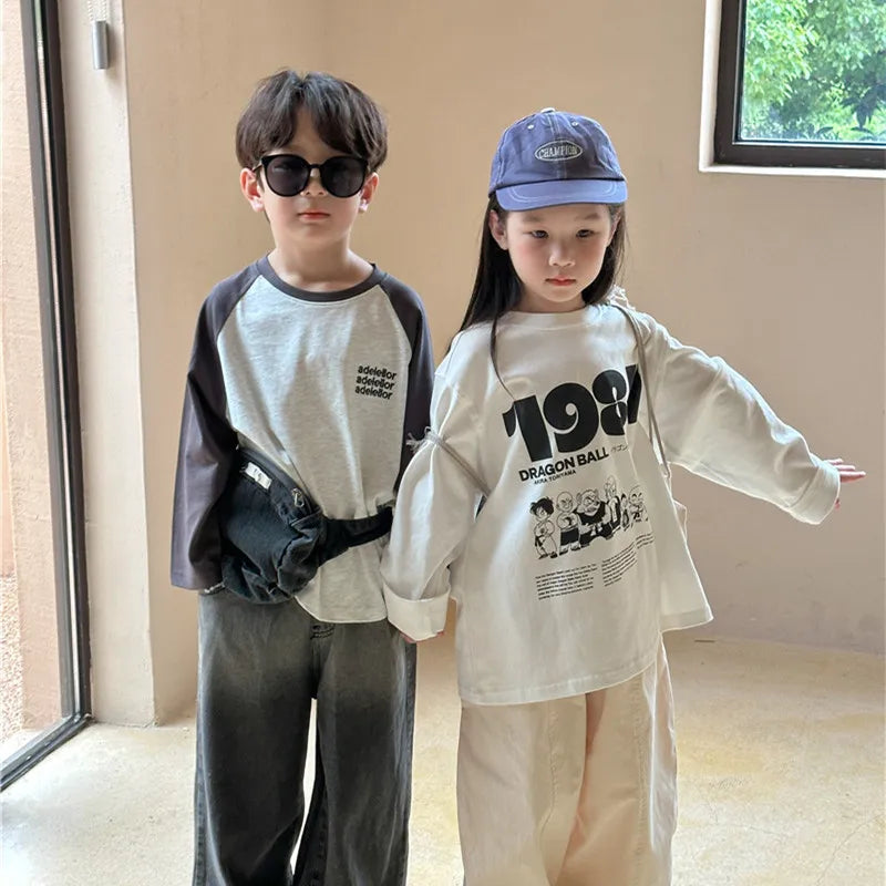 Kids Cartoon Letters Cotton T-Shirt – Long Sleeve O-Neck Top