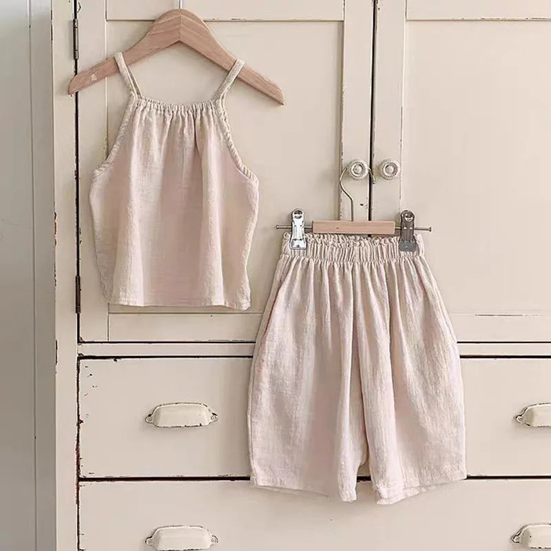 Baby Girl Summer Cotton Linen 2-Piece Set – Top & Wide-Leg Pants