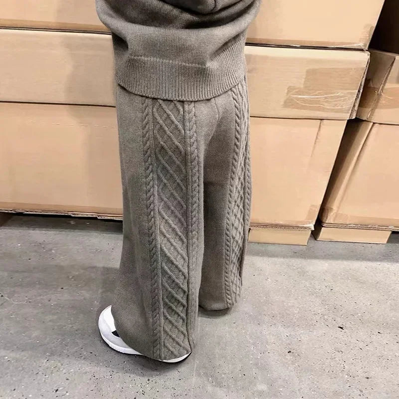 Knit Hoodie Set — 2-Piece Sweater + Wide-Leg Pants (Fall/Winter)