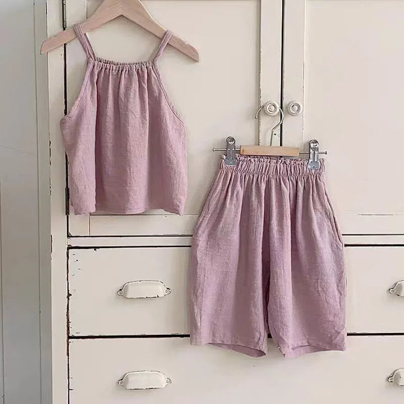 Baby Girl Summer Cotton Linen 2-Piece Set – Top & Wide-Leg Pants