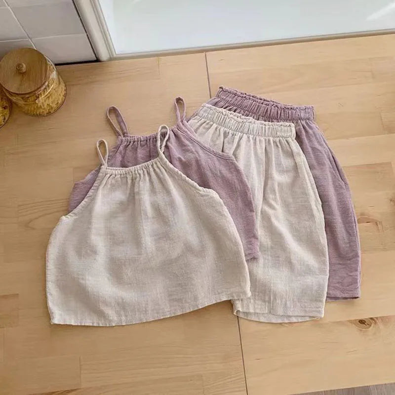 Baby Girl Summer Cotton Linen 2-Piece Set – Top & Wide-Leg Pants