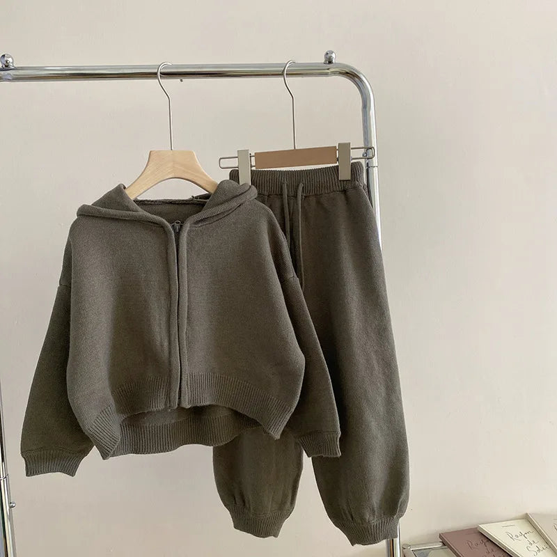 Knit Hoodie Set — 2-Piece Sweater + Wide-Leg Pants (Fall/Winter)